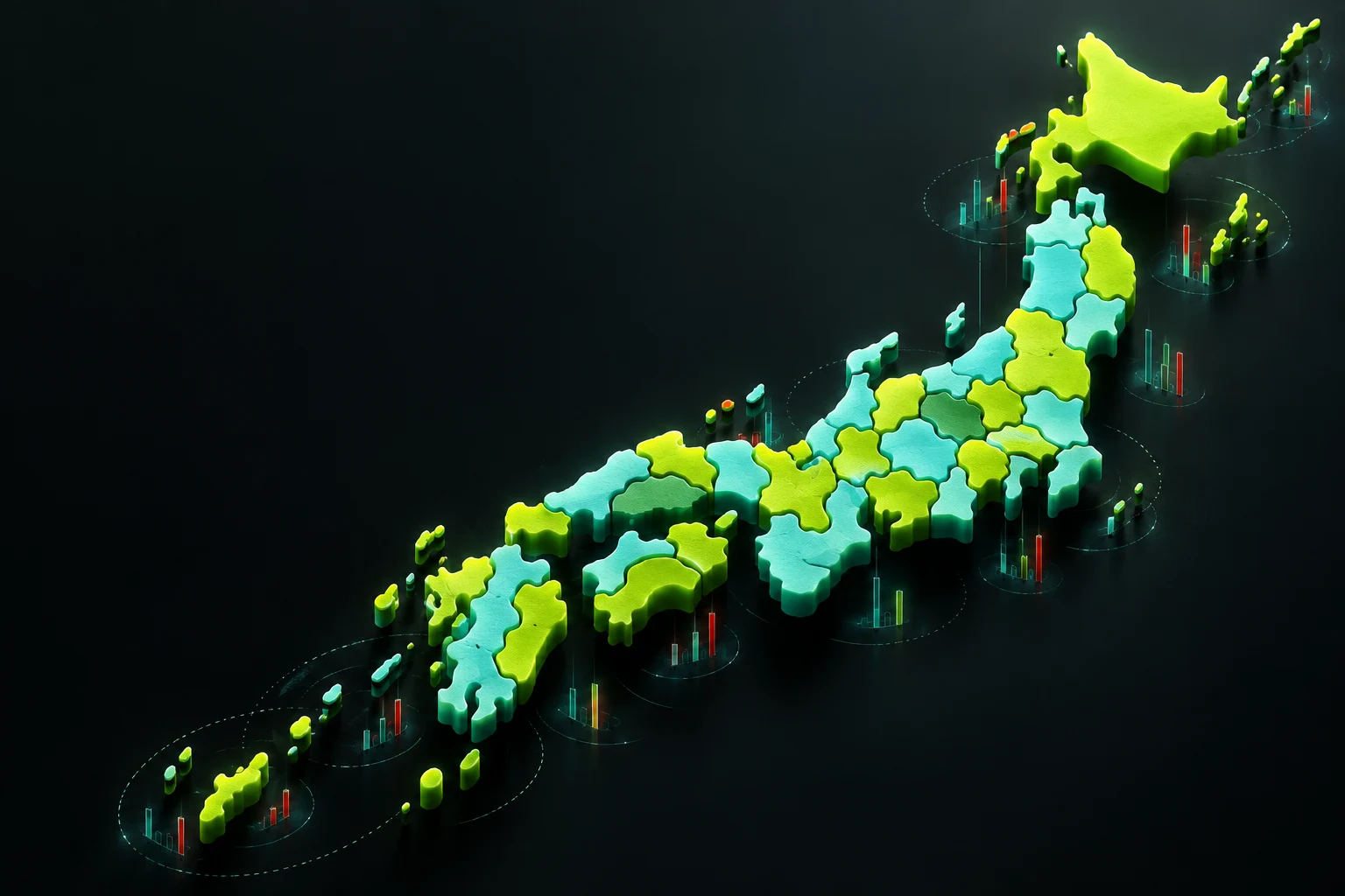 統計グラフの上に浮かぶ、立体的な日本列島のイメージ