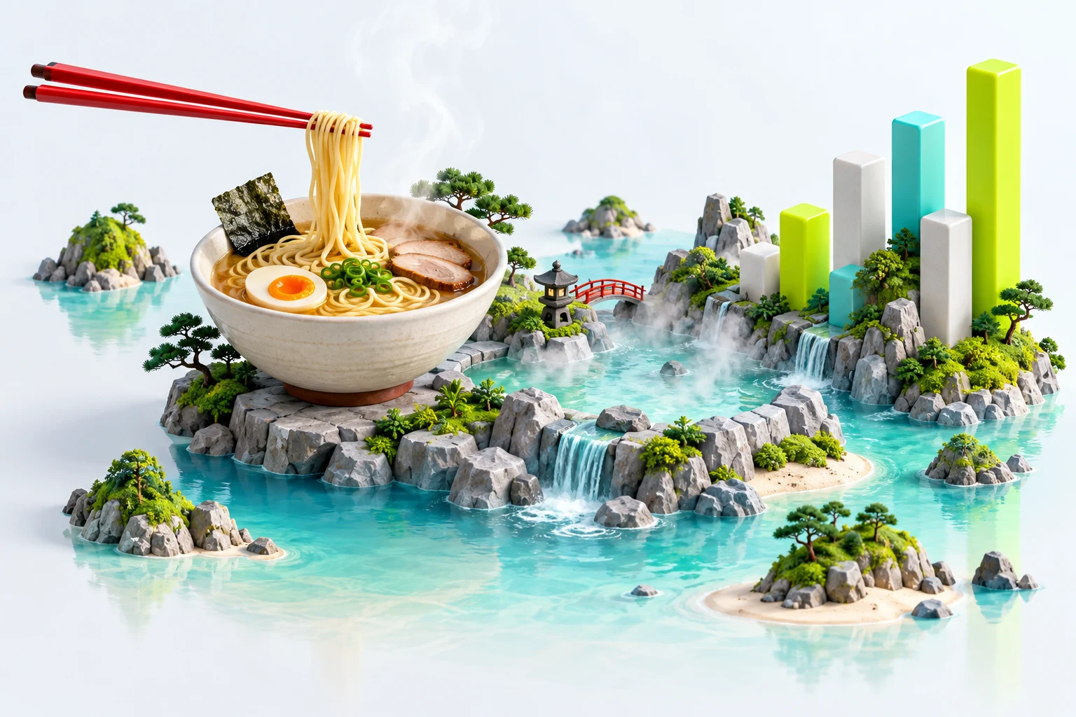 ラーメン、温泉、島々、統計グラフが一つになった立体イメージ